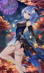  1girl ahoge architecture autumn_leaves bare_shoulders bell black_dress black_gloves blue_dress blue_hair breasts detached_sleeves dress east_asian_architecture fireworks ganyu_(genshin_impact) ganyu_(twilight_blossom)_(genshin_impact) genshin_impact gloves gold_trim hair_ornament highres horns knee_up kurony_(sirony) lantern_festival light_smile long_hair long_sleeves looking_at_viewer medium_breasts neck_bell night official_alternate_costume official_alternate_hairstyle outdoors purple_eyes sidelocks sky_lantern sleeveless solo standing thighs vision_(genshin_impact) 