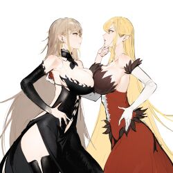  2girls absurdres alternate_costume alternate_hairstyle alternate_universe armpits bad_tag bakemonogatari black_dress blonde_hair breasts cleavage dress fangs feather_trim hand_on_own_hip highres holding_another&#039;s_chin huge_breasts kiss-shot_acerola-orion_heart-under-blade kizumonogatari lipstick long_hair makeup monogatari_(series) multiple_girls oshino_shinobu pointy_ears red_dress shoulder_gloves sideboob smile thick_thighs thighhighs thighs vampire very_long_hair yellow_eyes  rating:Questionable score:14 user:FaillenOtaku