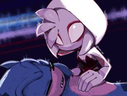  1boy 1girl alternate_costume amy_rose animal_ears closed_eyes cosplay fangs furry furry_female furry_male gloves highres kumo_zd marvel sonic_(series) sonic_the_hedgehog spider-gwen spider-gwen_(cosplay) spider-man_(series) white_gloves 