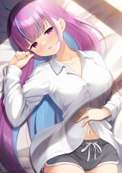  1girl 7fuji_06 ahoge black_shorts blue_hair blush breasts collared_shirt colored_inner_hair commentary hand_on_own_stomach highres hololive large_breasts long_hair looking_at_viewer minato_aqua multicolored_hair navel open_mouth pink_hair purple_eyes shirt shorts solo very_long_hair virtual_youtuber white_shirt 