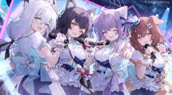  4girls :3 :d ahoge animal_ear_fluff animal_ear_piercing animal_ears aqua_bow aqua_bowtie aqua_eyes aqua_sash back_bow black_hair black_ribbon blue_bow blue_corset blue_shorts bone_hair_ornament bow bowtie braid brown_eyes brown_hair cat_ears cat_girl collared_shirt commentary_request concert copyright_notice corset crossed_bangs dog_ears dog_girl double-parted_bangs fangs fox_ears fox_girl fox_tail gold_trim hair_between_eyes hair_bow hair_ornament hair_over_shoulder hair_ribbon hairclip hands_up hat highres holding holding_microphone hololive hololive_gamers hololive_idol_uniform_(bright) inugami_korone jacket knees_out_of_frame large_bow layered_skirt long_hair looking_at_viewer low_ponytail low_twin_braids medium_hair messy_hair microphone mini_hat mini_tiara mini_top_hat multicolored_hair multiple_girls nekomata_okayu night official_alternate_costume official_art one_eye_closed ookami_mio open_mouth outdoors overskirt pentagram pointing pointing_at_viewer puffy_short_sleeves puffy_sleeves purple_eyes purple_hair red_hair ribbon screen screen_zoom shiohana shirakami_fubuki shirt short_sleeves shorts side_braid skirt smile stage stage_lights streaked_hair tail top_hat twin_braids underbust virtual_youtuber white_hair white_jacket white_shirt white_skirt white_wrist_cuffs wolf_ears wolf_girl wrist_cuffs yellow_eyes 