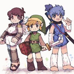  3boys angel angel_wings barefoot belt blue_hair boots brown_footwear brown_hair commission donbe full_body green_headwear highres holding holding_shield holding_sword holding_weapon japanese_clothes katana kid_icarus kid_icarus_(nes) kimono link male_focus multiple_boys nintendo pit_(kid_icarus) pointy_ears sandals scarf shield shin_onigashima short_kimono skeb_commission smile standing sword the_legend_of_zelda the_legend_of_zelda_(nes) toga tomatoaaa tunic vambraces weapon wings 