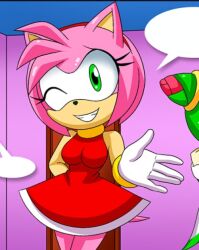 amy_rose arm_behind_back breasts colored_skin curvy dress gloves green_eyes hairband hedgehog_girl highres looking_at_viewer mobian_(species) mobius_unleashed one_eye_closed palcomix pink_hair pink_skin purple_wall red_dress sleeveless sleeveless_dress smile sonic_(series) teeth wink