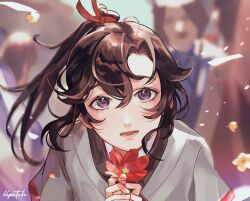  1boy 66patch artist_name black_hair chinese_clothes crowd falling_petals flower hair_ribbon hanfu high_ponytail highres holding holding_flower long_hair looking_up mo_xuanyu modao_zushi open_mouth petals purple_eyes red_flower red_ribbon ribbon smile 