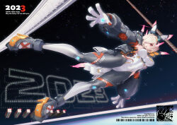 1girl :o armor armpits blonde_hair bodysuit breasts floating gloves high_heels highres large_breasts leotard looking_at_viewer mar10 mecha_musume new_year rabbit_ears red_eyes skin_tight solo space waist_cutout zero_gravity