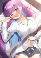  1girl 7fuji_06 @_@ ahoge black_shorts blue_hair blush breasts collared_shirt colored_inner_hair commentary hand_on_own_stomach highres hololive large_breasts long_hair looking_at_viewer minato_aqua multicolored_hair navel open_mouth pink_hair purple_eyes shirt shorts solo very_long_hair virtual_youtuber white_shirt 