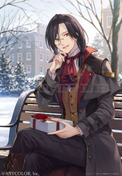  1boy :d bench black_coat black_hair black_pants boots brown_footwear building coat copyright_name cross-laced_footwear fukahire_(ruinon) gift hand_on_own_face holding holding_gift knee_boots lace-up_boots looking_at_viewer male_focus medium_hair monocle nijisanji official_art open_clothes open_coat open_mouth outdoors pants parted_bangs sample_watermark shellin_burgundy shellin_burgundy_(1st_costume) sitting smile snow solo tongue tree trench_coat virtual_youtuber watermark winter yellow_eyes 