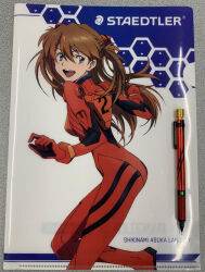  1girl ass bodysuit breasts brown_hair character_name dated evangelion:_2.0_you_can_(not)_advance floating_hair interface_headset jumping long_hair looking_at_viewer looking_back neon_genesis_evangelion non-web_source official_art photo_(medium) plugsuit rebuild_of_evangelion red_bodysuit shiny_clothes simple_background smile solo souryuu_asuka_langley staedtler two-tone_background two_side_up white_background wide_hips 