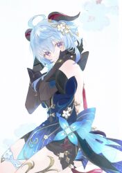  1girl ahoge asa_(1asa-0-asa1) back_bow bare_shoulders black_bow black_gloves blue_bow blue_dress blue_flower blue_gemstone blue_hair blush bow bracelet closed_mouth detached_sleeves dress flower ganyu_(genshin_impact) ganyu_(twilight_blossom)_(genshin_impact) gem genshin_impact gloves goat_horns gold_bracelet gold_trim hair_between_eyes hair_bow hair_flower hair_ornament hands_up highres horns jewelry long_sleeves looking_at_viewer multicolored_eyes official_alternate_costume purple_eyes seiza short_hair sidelocks simple_background sitting smile solo sparkle tassel vision_(genshin_impact) white_background white_flower yellow_eyes 