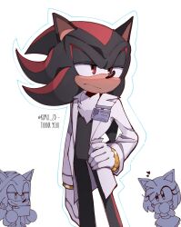  1girl 2boys ? alternate_costume amy_rose animal_ears artist_name black_fur coat furry furry_female furry_male gloves gold_bracelet hand_on_own_hip highres kumo_zd lab_coat multiple_boys name_tag open_clothes open_coat red_eyes red_fur shadow_the_hedgehog simple_background solo_focus sonic_(series) sonic_the_hedgehog white_background white_coat white_gloves 