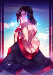  1girl artist_name ass back bare_shoulders breasts cherry_in_the_sun commentary dangle_earrings earrings english_commentary final_fantasy final_fantasy_vii final_fantasy_vii_remake floral_print japanese_clothes jewelry kimono kneeling looking_back medium_breasts open_mouth red_eyes sideboob solo sparkle sunlight tifa_lockhart tifa_lockhart_(exotic_dress) 