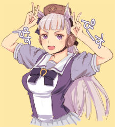  1girl animal_ears breasts commentary double_v ear_covers gold_ship_(umamusume) horse_ears horse_girl horse_tail large_breasts makita_yoshiharu open_mouth pillbox_hat pleated_skirt purple_eyes purple_hair school_uniform sketch skirt smile solo tail tracen_school_uniform translated umamusume upper_body v yellow_background 