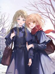  2girls :d arm_hug bag bare_tree blue_coat blue_eyes blue_necktie brown_eyes character_request coat copyright_request fukahire_(ruinon) long_hair multiple_girls necktie open_mouth red_scarf scarf school_bag school_uniform sidelocks smile snow tree twitter_username winter winter_clothes winter_coat yellow_eyes yuri 
