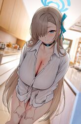 Rule 34 | 1girl, asuna (blue archive), blonde hair, blue archive, blue eyes, blush, breasts, cleavage, closed mouth, collarbone, highres, indoors, large breasts, long hair, looking at viewer, mole, mole on breast, smile, solar (happymonk), solo