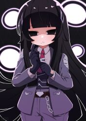 Rule 34 | 1girl, :&lt;, absurdres, adjusting clothes, adjusting gloves, black background, black gloves, black hair, blazer, blunt bangs, chain, chibi, closed mouth, collared shirt, empty eyes, formal, gloves, hair ornament, highres, hime cut, index finger raised, jacket, long hair, looking at viewer, mole, mole under mouth, nao (omega strikers), necktie, omega strikers, open clothes, open jacket, outline, pants, purple jacket, purple pants, red necktie, shaded face, shirt, sidelocks, solo, suit, tomiuimot, upper body, very long hair, white outline, white shirt