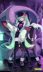 Rule 34 | akakura, arbok, belt, black dress, black footwear, black headwear, boots, claws, commentary request, copyright name, creatures (company), dog, dress, full body, game freak, gen 1 pokemon, gen 2 pokemon, green eyes, green hair, grin, hat, hatsune miku, highres, houndoom, jacket, looking at viewer, military hat, multicolored hair, neon lights, nintendo, off shoulder, official art, pink eyes, pink hair, pokemon, pokemon (creature), project voltage, purple belt, sidelocks, sleeveless, sleeveless dress, smile, snake, standing, streaked hair, team rocket, thigh boots, tongue, tongue out, twintails, vocaloid, white jacket