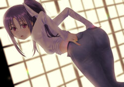 Rule 34 | 1girl, backlighting, bent over, blue pants, clothes pull, commentary request, denim, hair ribbon, indoors, jeans, jou (circlemay), kazuno sarah, leaning forward, long hair, long sleeves, looking at viewer, looking back, love live!, love live! sunshine!!, midriff, open mouth, open pants, pants, pants pull, partial commentary, pulled by self, purple eyes, purple hair, ribbon, shirt, shouji, side ponytail, sliding doors, solo, standing, undressing, white ribbon, white shirt