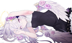 Rule 34 | 1girl, armpits, azusa (blue archive), black dress, blue archive, breasts, collarbone, covered navel, dress, feathered wings, flower, hair between eyes, hair flower, hair ornament, halo, long hair, looking at viewer, lying, mishima hiroji, pink eyes, silver hair, simple background, sleeveless, sleeveless dress, small breasts, solo, white background, white wings, wings
