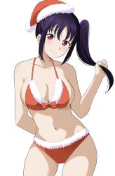 Rule 34 | 1girl, arm behind back, bare shoulders, barkhorn0331, bikini, blush, breasts, christmas, cleavage, closed mouth, hat, highres, kazuno sarah, large breasts, long hair, looking at viewer, love live!, love live! sunshine!!, pink hair, purple eyes, santa bikini, santa hat, side ponytail, simple background, smile, solo, standing, swimsuit, white background