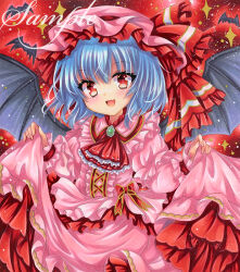 Rule 34 | 1girl, ascot, bat (animal), bat wings, blue hair, brooch, dress, embellished costume, frilled dress, frills, hat, jewelry, long sleeves, looking at viewer, marker (medium), medium hair, mob cap, open mouth, pink dress, pink headwear, red ascot, red background, red eyes, red ribbon, remilia scarlet, ribbon, rui (sugar3), sample watermark, skirt hold, smile, solo, spread wings, touhou, traditional media, upper body, watermark, wings