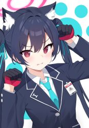 Rule 34 | 1girl, animal ear fluff, animal ears, black gloves, black hair, black jacket, blazer, blue archive, blue necktie, blush, buttons, cat ears, collared shirt, gloves, halo, highres, jacket, long hair, long sleeves, necktie, open mouth, pink halo, raimu (clanberry000), red eyes, red gloves, serika (blue archive), shirt, simple background, solo, twintails, two-tone gloves, upper body, white background, white shirt