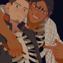 Rule 34 | 2boys, arm around shoulder, black background, black jacket, brown eyes, brown hair, chengongzi123, closed mouth, collared jacket, dark-skinned male, dark skin, facial hair, goatee stubble, golden kamuy, green eyes, grin, jacket, koito otonoshin, long sleeves, looking at viewer, male focus, military uniform, multiple boys, pointing, pointing at another, ribs, short hair, simple background, smile, stubble, tsukishima hajime, uniform, upper body, very short hair, wide sleeves