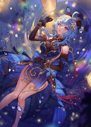 Rule 34 | 1girl, ahoge, arm up, artist name, back bow, bare shoulders, black gloves, blue bow, blue dress, blue flower, blue hair, bow, breasts, commission, crystal, detached sleeves, dress, feet out of frame, flower, ganyu (genshin impact), ganyu (twilight blossom) (genshin impact), genshin impact, gloves, goat horns, hair between eyes, hair flower, hair ornament, highres, horns, jewelry, lantern, large breasts, long hair, long sleeves, looking up, lying, necklace, night, official alternate costume, on back, open mouth, orange sekaii, outdoors, paper lantern, petals, pink flower, purple eyes, short hair, short hair with long locks, sidelocks, solo, striped bow, tassel, water, water drop, watermark