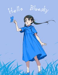 Rule 34 | 1girl, black hair, blue background, blue butterfly, blue dress, blue footwear, blue sailor collar, blue theme, bluesky logo, bug, butterfly, butterfly on hand, dress, english text, flat chest, floating hair, full body, grass, hair between eyes, hair ornament, hair ribbon, hairclip, hand up, highres, insect, long hair, mary janes, open mouth, original, ribbon, sailor collar, sailor dress, shoes, short sleeves, simple background, sody, solo, standing, twintails
