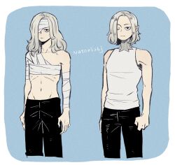 Rule 34 | 1boy, bags under eyes, bandage over one eye, bandaged arm, bandaged chest, bandaged head, bandages, before and after, black eyes, black pants, blue background, border, clenched hands, dungeon meshi, elf, empty eyes, expressionless, gorget, grey hair, jitome, long hair, medium hair, mithrun, navel, notched ear, pants, pointy ears, signature, tamaki26j, tank top, topless male, uneven eyes, white border, white tank top