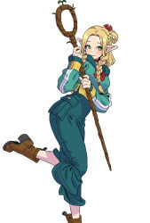 Rule 34 | 1girl, absurdres, ambrosia (dungeon meshi), blonde hair, blush, boots, braid, brown footwear, choker, commentary, contemporary, cropped hoodie, dungeon meshi, elf, foot out of frame, green eyes, green hoodie, green pants, hair ribbon, highres, holding, holding staff, hood, hoodie, leg up, long hair, marcille donato, pants, pointy ears, red choker, red ribbon, ribbon, simple background, smile, solo, staff, white background, yamashita shun&#039;ya
