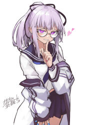 Rule 34 | 1girl, black-framed eyewear, black ribbon, black sailor collar, black skirt, blue nails, blue neckerchief, character request, cheese (cheese koubou), coat, earrings, glasses, hair ribbon, heart, highres, index finger raised, indie virtual youtuber, jewelry, long sleeves, looking at viewer, nail polish, neckerchief, off shoulder, open clothes, pleated skirt, ponytail, purple eyes, purple hair, red nails, ribbon, round eyewear, sailor collar, school uniform, serafuku, simple background, skirt, solo, virtual youtuber, white background, white coat