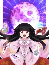 Rule 34 | 1girl, black hair, bow, collar, frilled collar, frills, highres, houraisan kaguya, imperishable night, japanese clothes, kimono, long hair, long sleeves, moon, open mouth, pink kimono, priswocaer, red eyes, red skirt, ribbon, skirt, smile, solo, touhou, very long hair, wide sleeves