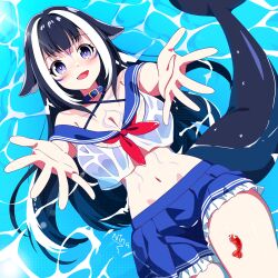 Rule 34 | 1girl, animal ears, belt collar, bikini, bikini under clothes, black collar, black hair, blue bikini, blue skirt, body markings, breasts, cetacean tail, cleavage, collar, facial mark, fins, fish tail, halterneck, highres, indie virtual youtuber, large breasts, long hair, multicolored hair, navel, open mouth, orca girl, outstretched arms, outstretched hand, purple eyes, rojogarnina, see-through, see-through shirt, shirt, shylily, shylily (1st costume), sidelocks, skirt, smile, solo, streaked hair, swimsuit, tail, virtual youtuber, water, white hair, white shirt