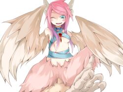 Rule 34 | 1boy, 1girl, bird legs, blue eyes, blush, breasts, brown feathers, brown wings, censored, earrings, feather hair, feathered wings, feathers, frfr, game cg, girl on top, gradient hair, harpy, hetero, jewelry, looking at viewer, mon-musu quest!, monster girl, mosaic censoring, multicolored hair, non-web source, one eye closed, open mouth, penis, pink feathers, pink hair, pov, purple hair, reina (mon-musu quest!), sex, small breasts, winged arms, wings