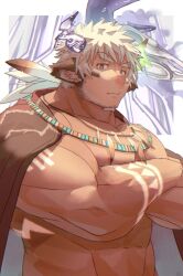 Rule 34 | 1boy, animal ears, bara, birry, closed mouth, cow boy, cow ears, cow horns, crossed arms, eye black, facial hair, feather necklace, fiery horns, glowing horns, goatee, highres, horns, jewelry, large pectorals, looking at viewer, male focus, muscular, muscular male, necklace, official alternate costume, pectorals, short hair, solo, thick eyebrows, tokyo houkago summoners, upper body, wakan tanka, wakan tanka mugen, white hair