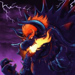 Rule 34 | armlet, bowser, bracelet, breathing fire, claws, cloud, collar, electricity, embers, energy, fire, flaming eyes, fury bowser, giant, giant monster, glowing, glowing eyes, glowing mouth, highres, horns, jewelry, kaijuu, mario (series), monster, multicolored hair, muscular, muscular arms, muscular male, muscular other, nintendo, no humans, no pupils, open mouth, orange hair, purple sky, red hair, sharp teeth, sky, spacedragon14, spiked armlet, spiked bracelet, spiked collar, spikes, storm, super mario 3d world, super mario 3d world + bowser&#039;s fury, teeth, turtle, two-tone eyes, two-tone hair, white eyes, yellow eyes