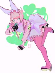 Rule 34 | 1girl, absurdres, ahoge, animal ears, artist name, black shorts, bracelet, collar, cropped jacket, dress, elphelt valentine, fingerless gloves, gloves, green eyes, guilty gear, guilty gear strive, hairband, heart, highres, holding, holding microphone, jacket, jewelry, looking at viewer, microphone, open clothes, open jacket, pink bracelet, pink hair, pink hairband, pink jacket, pink thighhighs, rabbit ears, rikikitty, shorts, skull print, sleeveless, sleeveless dress, solo, spiked bracelet, spiked collar, spiked gloves, spiked hairband, spikes, thighhighs, white dress
