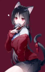 Rule 34 | 1girl, ahoge, animal ear fluff, animal ears, arched back, arm at side, between legs, black hair, black sailor collar, black skirt, blue necktie, blush, cardigan, cat day, cat ears, cat girl, cat tail, collar, commentary, cowboy shot, fang, fish, from side, hair ribbon, hand between legs, hand up, heart, highres, kneeling, lifted by tail, long hair, long sleeves, looking at viewer, looking to the side, miniskirt, miwano rag, mole, mole under eye, mouth hold, necktie, off shoulder, original, pleated skirt, purple background, red background, red cardigan, red eyes, red ribbon, revision, ribbon, sailor collar, school uniform, serafuku, shirt, signature, simple background, skin fang, skirt, sleeves past wrists, solo, straight hair, tail, tail ornament, tail raised, tail ribbon, v-shaped eyebrows, very long hair, white shirt