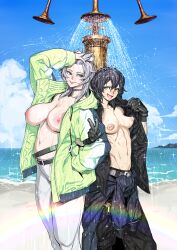 Rule 34 | 2girls, :d, beach, belt, black gloves, black hair, blue sky, blush, bobobo, breasts, cleavage, clothed bath, clothes around waist, cloud, collar, commission, gloves, green eyes, grey hair, highres, inverted nipples, jacket, locked arms, long hair, multiple girls, navel, nipples, open clothes, open jacket, open mouth, original, outdoors, showering, skeb commission, sky, smile, v, yellow eyes