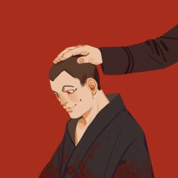 Rule 34 | 2boys, black kimono, blood, blood on clothes, brown hair, chengongzi123, closed mouth, disembodied limb, golden kamuy, hand on another&#039;s head, highres, japanese clothes, kimono, long sleeves, looking down, male focus, mole, mole on cheek, multiple boys, red background, red eyes, ringed eyes, short hair, simple background, smile, solo focus, upper body, usami tokishige, very short hair
