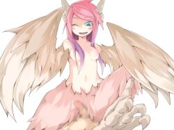 Rule 34 | 1boy, 1girl, bird legs, blue eyes, blush, breasts, brown feathers, brown wings, censored, earrings, feather hair, feathered wings, feathers, frfr, game cg, girl on top, gradient hair, harpy, hetero, jewelry, looking at viewer, mon-musu quest!, monster girl, mosaic censoring, multicolored hair, nipples, non-web source, nude, one eye closed, open mouth, penis, pink feathers, pink hair, pov, purple hair, reina (mon-musu quest!), small breasts, winged arms, wings