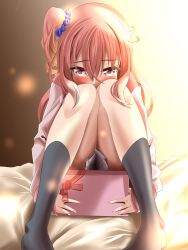 Rule 34 | 1girl, 2024, absurdres, bed sheet, black socks, blue scrunchie, blush, brown background, commentary, covered mouth, crossed bangs, eyelashes, feet out of frame, fingernails, gift, hair between eyes, hair ornament, hair scrunchie, heart, highres, holding, holding gift, hugging own legs, inaba meguru, kneehighs, knees together feet apart, knees up, light particles, long hair, no shoes, one side up, orange hair, red eyes, red ribbon, ribbon, sanoba witch, scrunchie, shy, sidelighting, sidelocks, simple background, siroari 1235, sitting, sleeves past wrists, socks, solo, upturned eyes, valentine