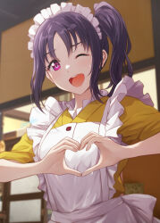 Rule 34 | 1girl, apron, commentary, heart, heart hands, highres, k-on!, kazuno sarah, long hair, looking at viewer, love live!, love live! sunshine!!, maid apron, maid headdress, moe moe kyun!, one eye closed, parody, parted bangs, pink eyes, purple hair, shamakho, side ponytail, sidelocks, smile, solo, upper body