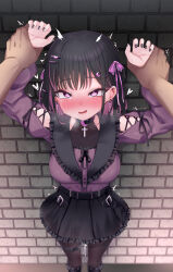 Rule 34 | 1boy, 1girl, absurdres, against wall, arms up, barbell piercing, black footwear, black hair, black nails, black ribbon, black skirt, blush, bodystocking, breasts, brick wall, colored inner hair, crescent, crescent hair ornament, crescent in eye, cross, cross earrings, crying, crying with eyes open, ear piercing, earrings, fang, frilled skirt, frills, gmkj, hair ornament, hair ribbon, heart, heart-shaped pupils, heavy breathing, highres, industrial piercing, jewelry, jirai kei, large breasts, long sleeves, looking at viewer, medium hair, miniskirt, multicolored hair, open mouth, original, piercing, pink eyes, pink hair, pink ribbon, purple shirt, ribbon, shirt, skin fang, skirt, solo focus, standing, streaked hair, symbol-shaped pupils, tears, thigh strap, trembling, two-tone hair