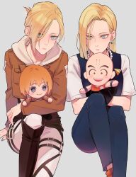 Rule 34 | 2boys, 2girls, a sngk, android 18, annie leonhardt, armin arlert, bald, blonde hair, blue eyes, blue vest, boots, brown footwear, brown jacket, chibi, dragon ball, dragonball z, earrings, grey background, highres, hood, hoodie, jacket, jewelry, kuririn, looking at viewer, multiple boys, multiple girls, necklace, open mouth, pants, paradis military uniform, pearl necklace, shingeki no kyojin, shirt, short sleeves, simple background, sitting, size difference, teeth, upper teeth only, vest, white hoodie, white pants, white shirt