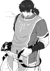 Rule 34 | 1boy, bara, belt, cheekbones, closed eyes, dressing, facial hair, fate/grand order, fate (series), goatee, greyscale, haruto (hit23ewluvnpfo6), hector (fate), highres, male focus, monochrome, pants, ponytail, short sleeves, simple background, smoke, smoking, solo, stubble, tabard, tunic