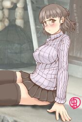 Rule 34 | alternate costume, artist logo, black skirt, black thighhighs, breasts, brown eyes, brown hair, commentary request, cowboy shot, glasses, hair bun, highres, kantai collection, large breasts, mushi mushi ex, photo background, pince-nez, pleated skirt, puff of air, roma (kancolle), short hair, skirt, thighhighs