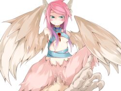 Rule 34 | 1boy, 1girl, bird legs, blush, breasts, brown feathers, brown wings, censored, cum, earrings, feather hair, feathered wings, feathers, frfr, game cg, gradient hair, harpy, hetero, jewelry, looking at viewer, mon-musu quest!, monster girl, mosaic censoring, multicolored hair, non-web source, penis, pink feathers, pink hair, pov, purple hair, reina (mon-musu quest!), sex, small breasts, smile, winged arms, wings