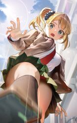 Rule 34 | 1girl, absurdres, blonde hair, blue eyes, blush, breasts, brown jacket, brown thighhighs, green skirt, highres, jacket, large breasts, long hair, long sleeves, looking at viewer, nanaken nana, necktie, open mouth, original, shirt, skirt, solo, thighhighs, white shirt