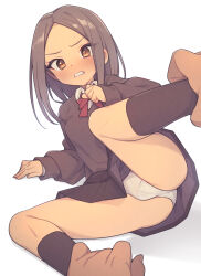Rule 34 | 1boy, 1girl, black skirt, black socks, black sweater, blush, breasts, brown eyes, brown hair, cameltoe, clenched teeth, collared shirt, commentary, dot nose, dress shirt, everyntrge, forehead, hetero, kneehighs, long sleeves, looking at viewer, medium hair, original, paid reward available, panties, pleated skirt, pov, pov hands, red ribbon, ribbon, school uniform, shirt, sidelocks, simple background, size difference, skirt, small breasts, socks, solo focus, sweat, sweater, teeth, underwear, white background, white panties, white shirt